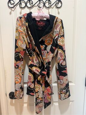 Lucky Brand Black Floral Print Hooded Wrap size small